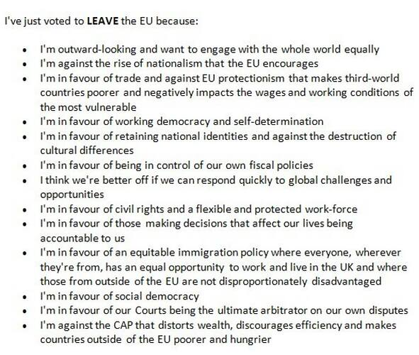 Reasons for voting to leave the EU